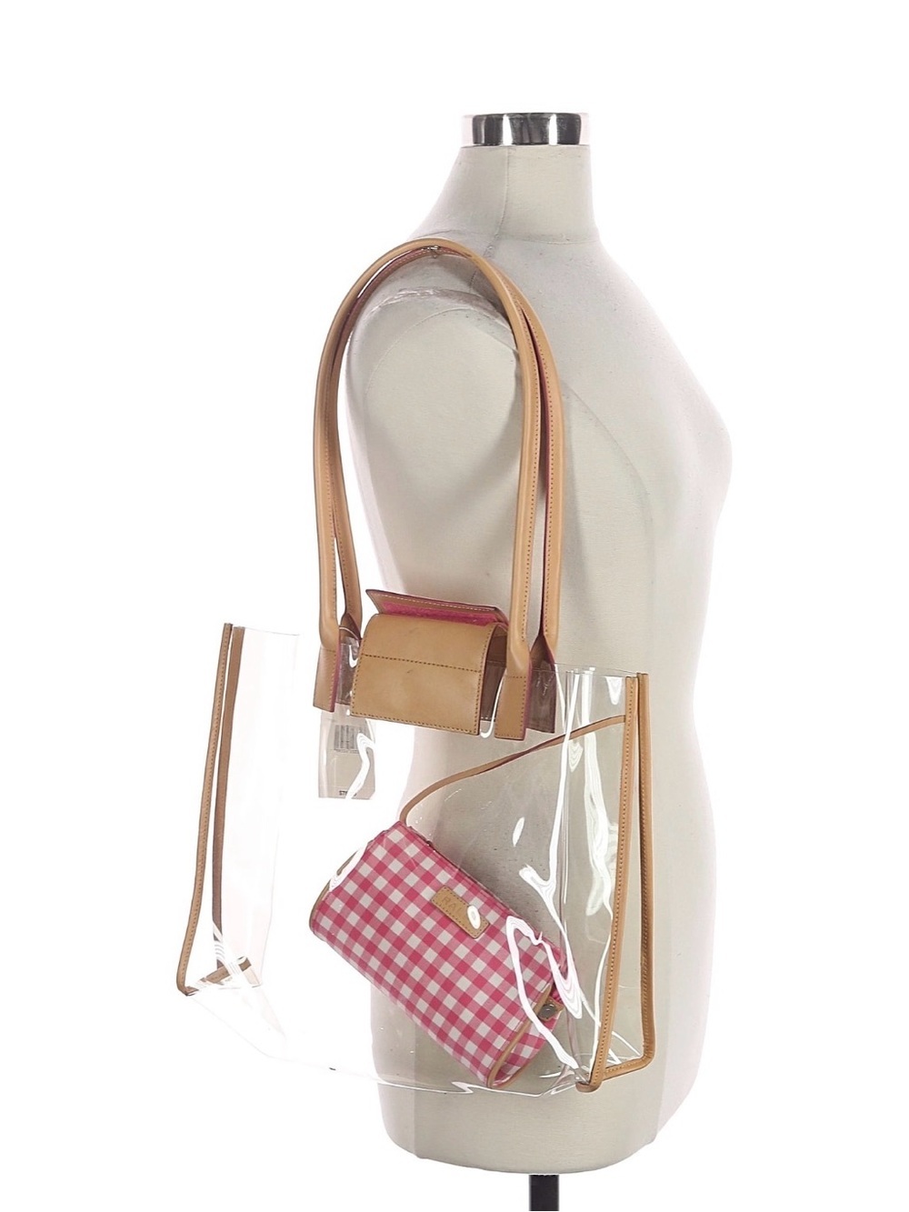 Ralph Lauren Clear PVC Tote Bag Pink Gingham Pouch Leather Trim Transparent NWT